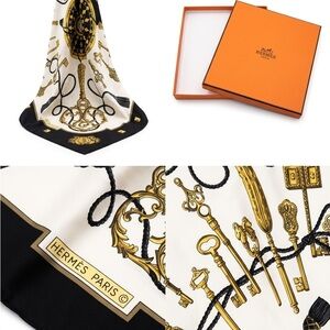 Hermes White Black Gold Key Motif Silk Scarf